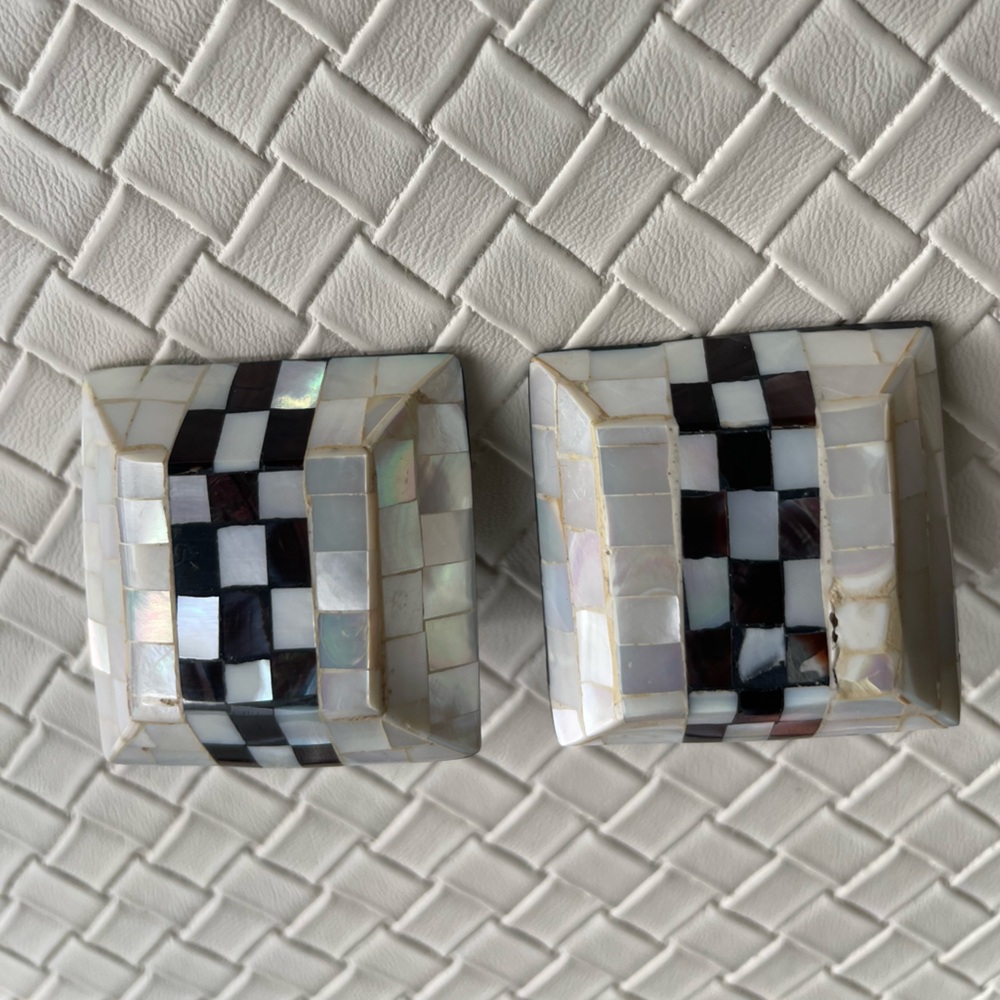 Mod Clip On Earrings,Mosaic Shell, Black & White Shell 1 1/4” Square,Original